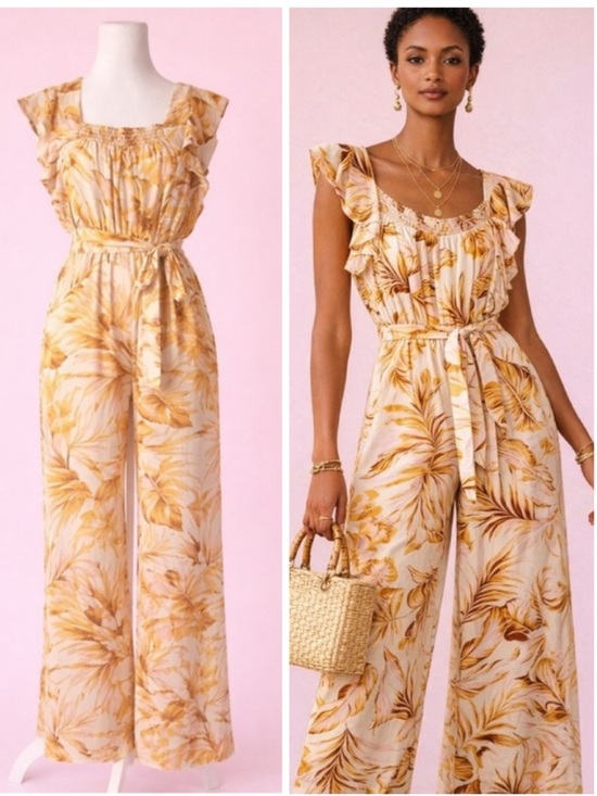 june & hudson Pants - june & hudson Yellow Pink Palm Print Ruffle-Sleeve Wide-Leg Jumpsuit NWT Large